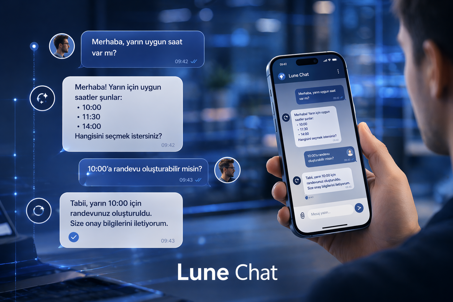 Lune AI sohbet akışı ile otomatik randevu ve müşteri karşılama deneyimi